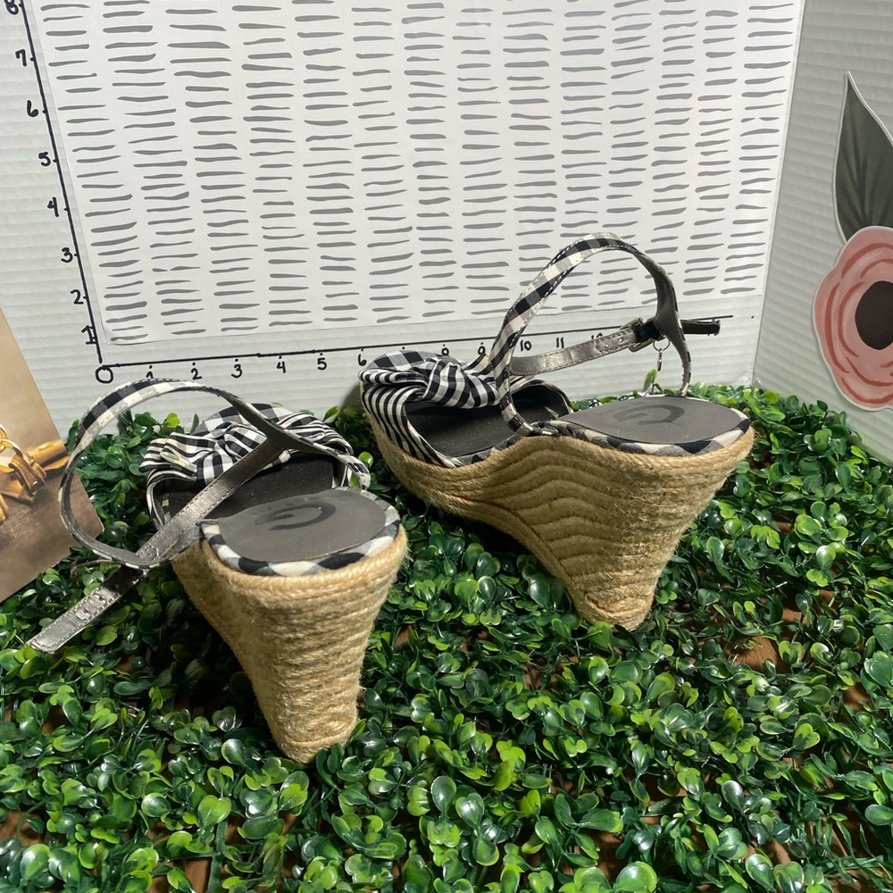 G by Guess Black and White Gingham Knot Espadrille Wedge Sandals - Picture 9 of 10
